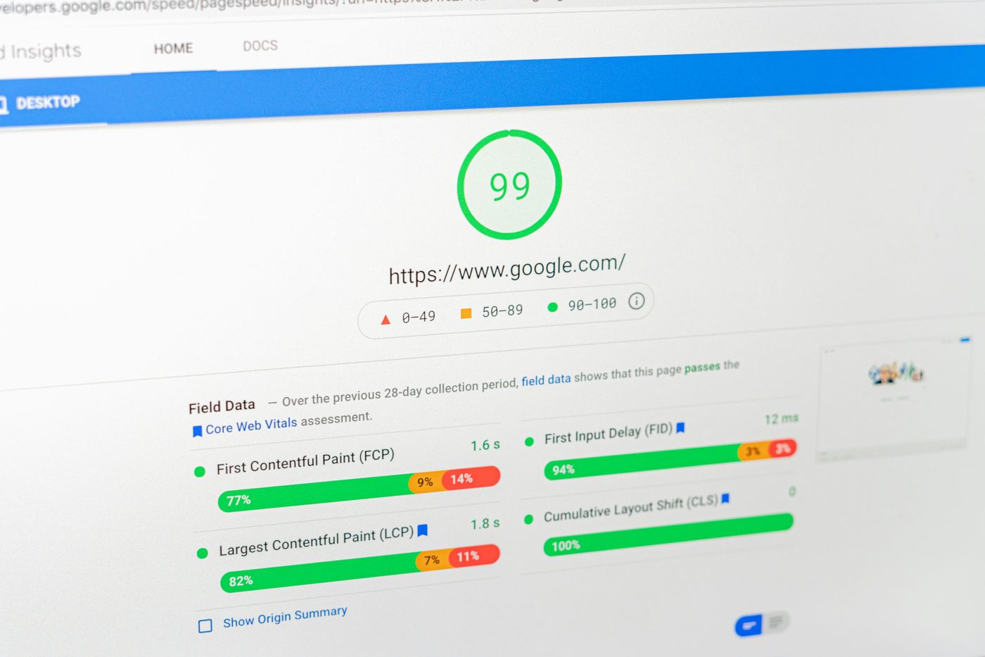 Google PageSpeed Insights score of 99, with Core Web Vitals passing